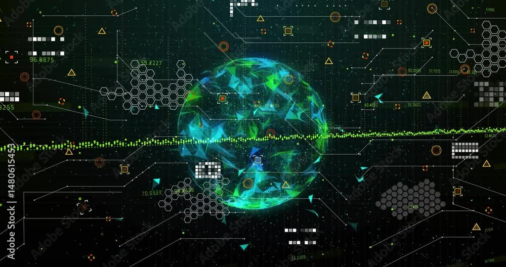 Poster glowing spherical data network floating over grid, showcasing connecting lines, numeric readouts