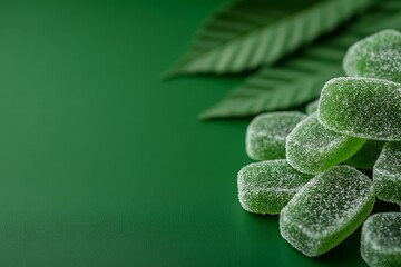 macro photo of cannabis edible (gummy) with sugar coating and green coloring, playful tone