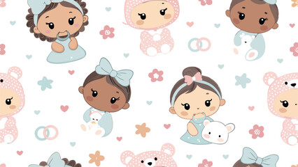 Seamless pattern featuring diverse baby girls, perfect for textiles, apparel, and children's products.