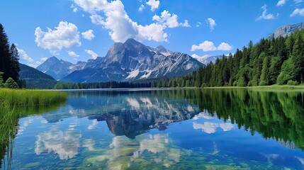 A scenic view of a calm lake reflecting the mountains and sky on a bright sunny day outdoors
