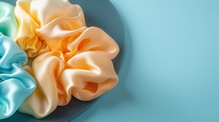 Close-up of a scrunchy hair tie on a blue plate. the hair tie is made up of three colors - one is light blue, one is orange, and one is yellow.
