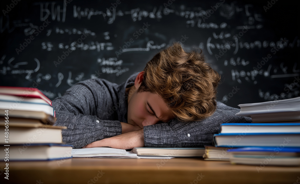 Poster tired student asleep on an open book at a desk in front of a chalkboard with math formulas.