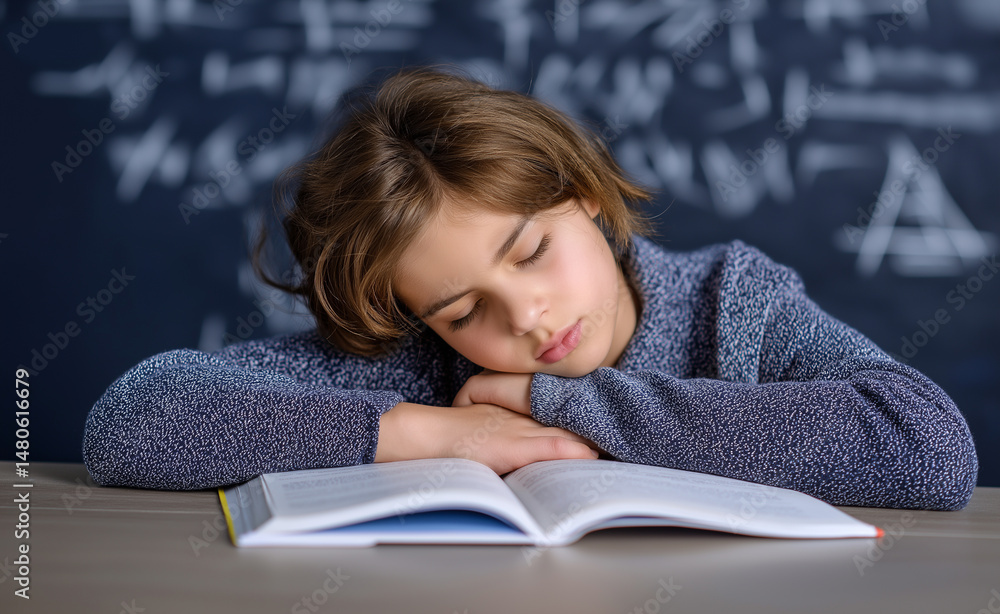 Poster tired student asleep on an open book at a desk in front of a chalkboard with math formulas.