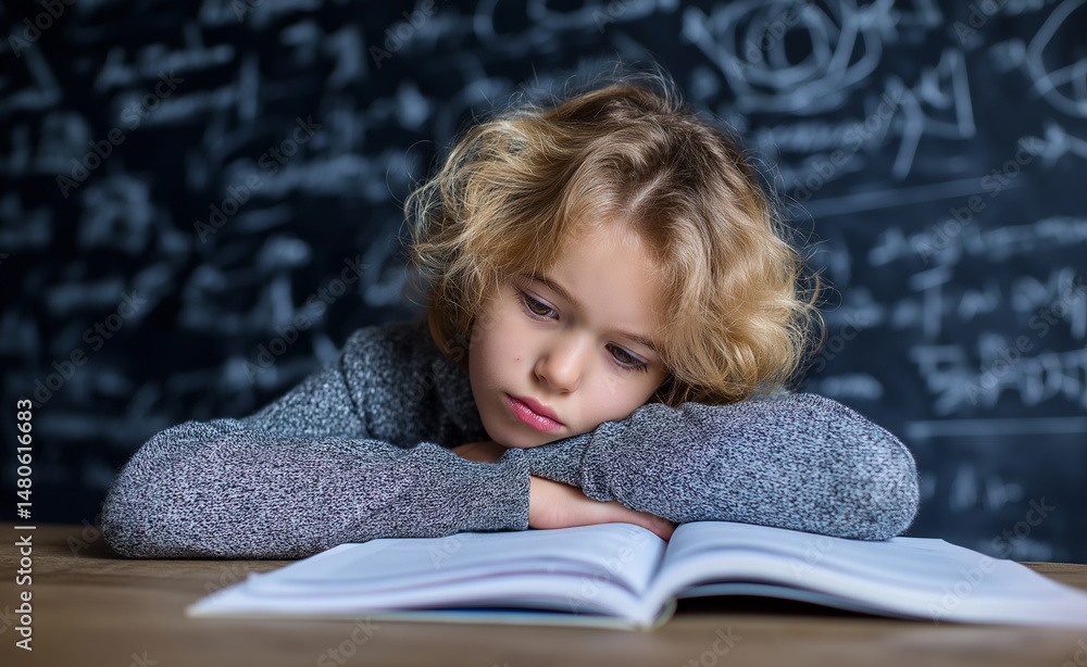 Poster tired student asleep on an open book at a desk in front of a chalkboard with math formulas.