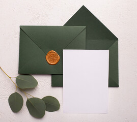 Wedding mockup concept. Craft envelopes with empty postcard for invitation text on white background