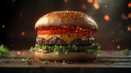 Delicious, golden burger with spicy toppings on rustic wood.