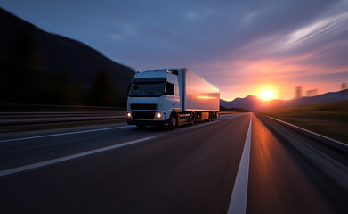 White semi-truck driving down a highway at sunset with an empty road ahead.
