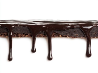 Decadent chocolate brownie with dripping fudge frosting close up studio shot on white background sweet dessert indulgence