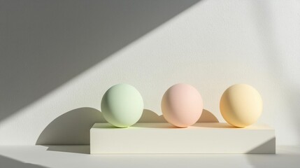 Three spherical objects on a white surface. the objects are arranged in a triangular formation, with the largest object in the center and two smaller ones on either side.