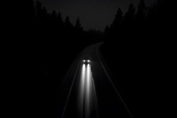 Lonely Road: A lone car navigates a dark winding road, its headlights piercing through the blackness, suggesting a journey into the unknown.