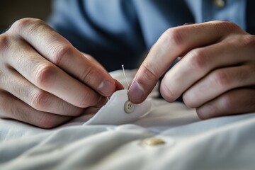 Obraz premium Hands of a skilled individual sewing a button onto a white shirt, showcasing meticulous attention to detail and craftsmanship in a cozy, well-lit sewing environment