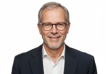Smiling mature man with glasses in business attire on white backdrop