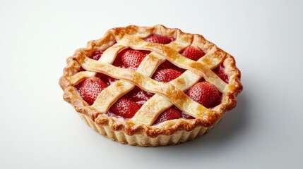 The image is of a freshly baked strawberry pie. the pie has a golden brown crust and a lattice-like lattice pattern on top. the lattice is evenly spaced and covers the entire surface of the pie.