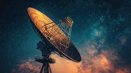 Large dish antenna against a night sky full of stars.