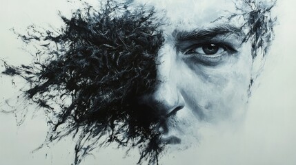 Abstract Portrait: A captivating grayscale portrait blending realism and abstract expressionism, where dark, swirling forms obscure one half of a man's face.