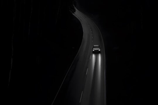 Solitude on the Road: A solitary car glides through a winding asphalt road, its headlights slicing through the dark night, leaving a trail of luminescence in its wake.