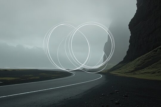 Winding road through misty mountains