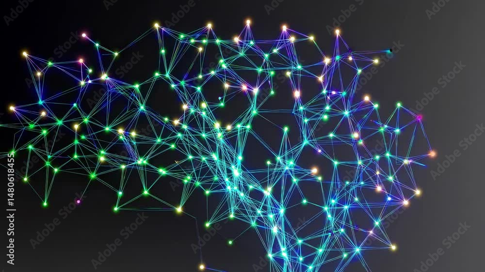 Poster glowing neural network expanding, luminescent connections forming complex digital web against dark b