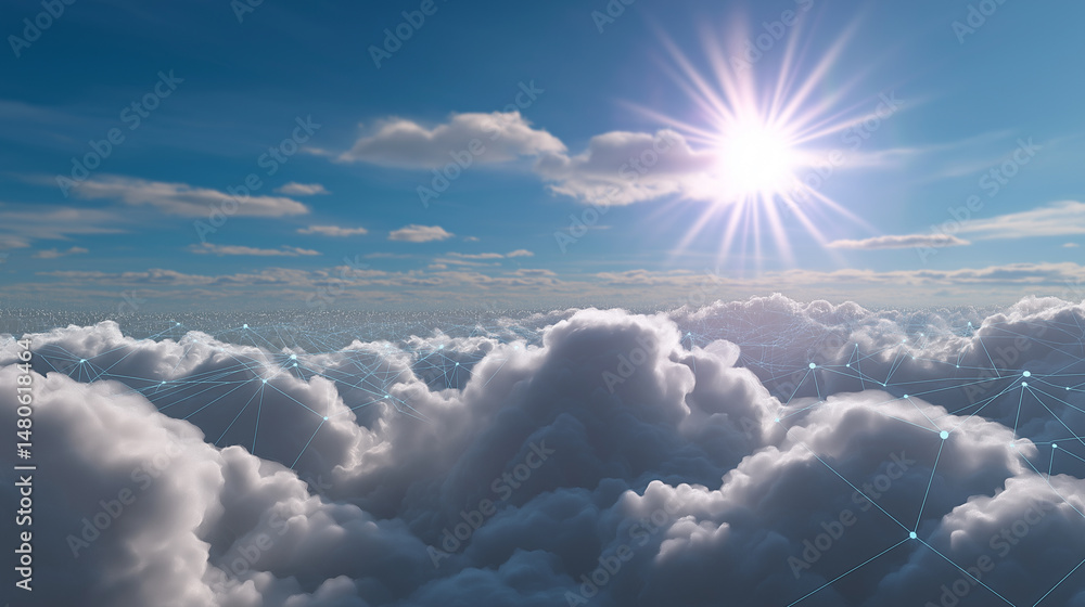 Poster digital network lines overlaying clouds at sunrise, symbolizing cloud computing and connectivity.