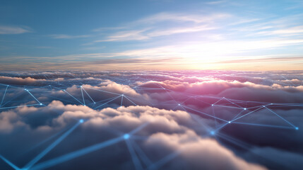 Digital network lines overlaying clouds at sunrise, symbolizing cloud computing and connectivity.
