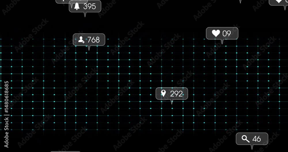 Poster flat design neon ecg-style waveform pulsing across dark grid displaying floating notification icons