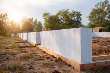 A row of concrete blocks sitting on top of a dirt field