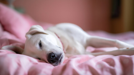 Obraz premium Small dog peacefully sleeping in a fluffy pink pet bed. 