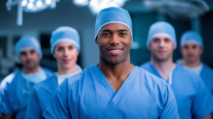 Confident team of surgeons in blue scrubs posing together in a brightly lit operating room.
