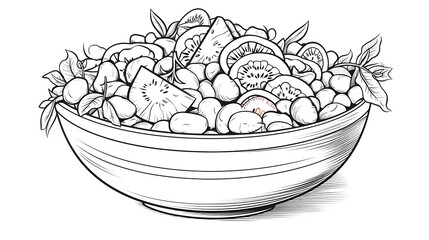 Creative freehand drawn black and white cartoon salad illustration for culinary use