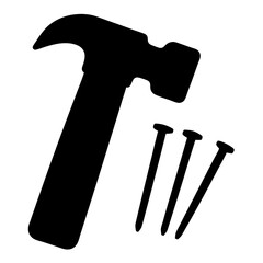 Silhouette image of a hammer and nails against a white background