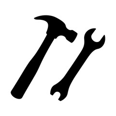 Black silhouette of a hammer and a wrench, isolated on white background