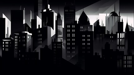 Cityscape with Night, Monochrome, and Art Deco.