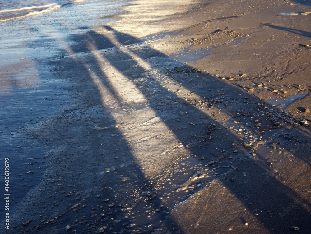 Poster shadows cast on wet sand at beach during golden hour creating abstract patterns and textures in coas