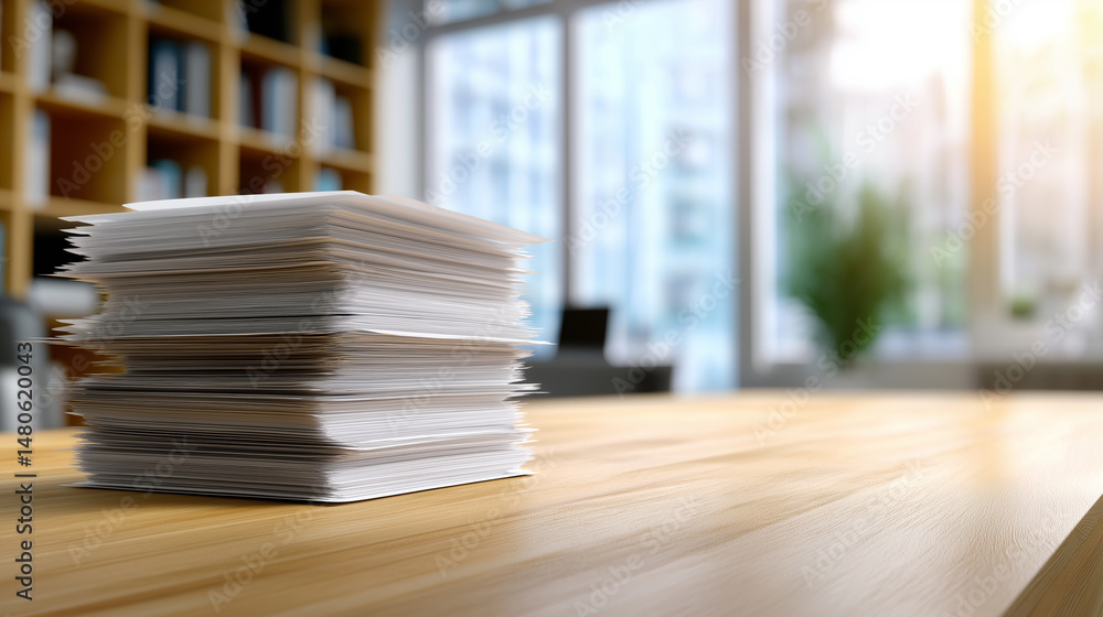 Aufkleber stack of documents and folders on a desk in a bright, modern office with bookshelves in the backgrou