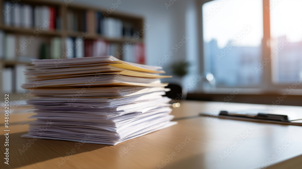 Aufkleber stack of documents and folders on a desk in a bright, modern office with bookshelves in the backgrou