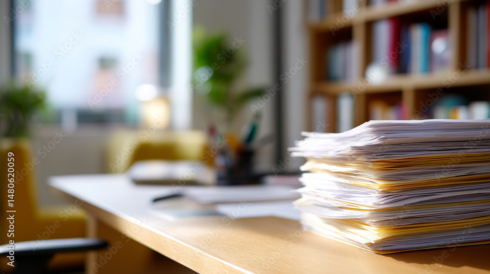 Poster stack of documents and folders on a desk in a bright, modern office with bookshelves in the backgrou