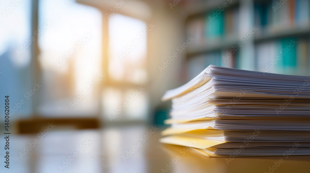 Poster stack of documents and folders on a desk in a bright, modern office with bookshelves in the backgrou