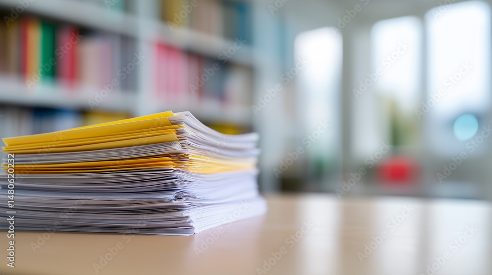 Aufkleber stack of documents and folders on a desk in a bright, modern office with bookshelves in the backgrou