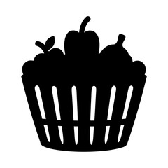 Black silhouette of a basket overflowing with fruits and vegetables illustration