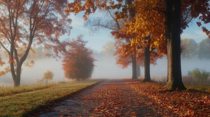 Fototapeta premium Autumn Path with Fog and Colorful Trees