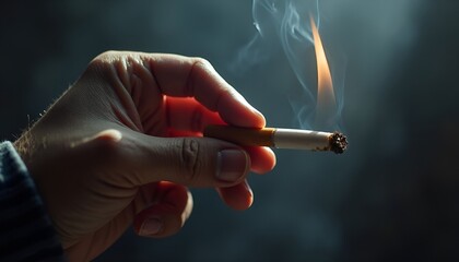 Hand holding a burning cigarette, smoking habit illustration, dramatic lighting