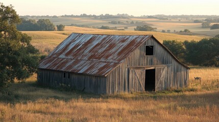 Obraz premium Barn in Field with Rolling Hills Background