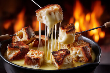 Crusty bread cubes lifted from creamy cheese fondue, producing a stringy cascade. Warm ambience of alpine lodge with fireplace blur in background