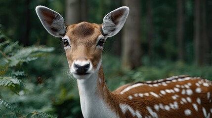 Fototapeta premium A deer shows its striking eyes in a tranquil setting, enhanced by soft lighting and vivid details, creating a cinematic moment