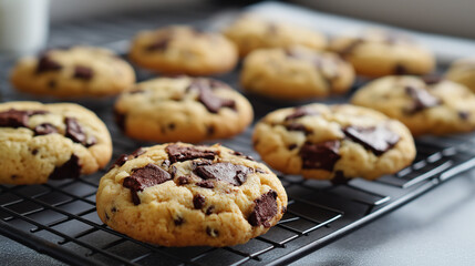 Freshly baked chocolate chip cookies cooling on a wire rack with a glass of milk in the background.
