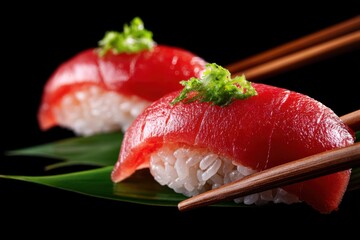 Close-up of Two Tuna Nigiri Sushi Pieces with Chopsticks on a Black Background Studio Shot