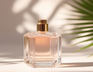 A bottle of perfume is sitting on a table
