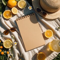 a cozy summer picnic setup with a blank spiral notebook, fresh lemon and orange slices, a straw hat, sunglasses, and a bottle of lemonade on a light fabric 