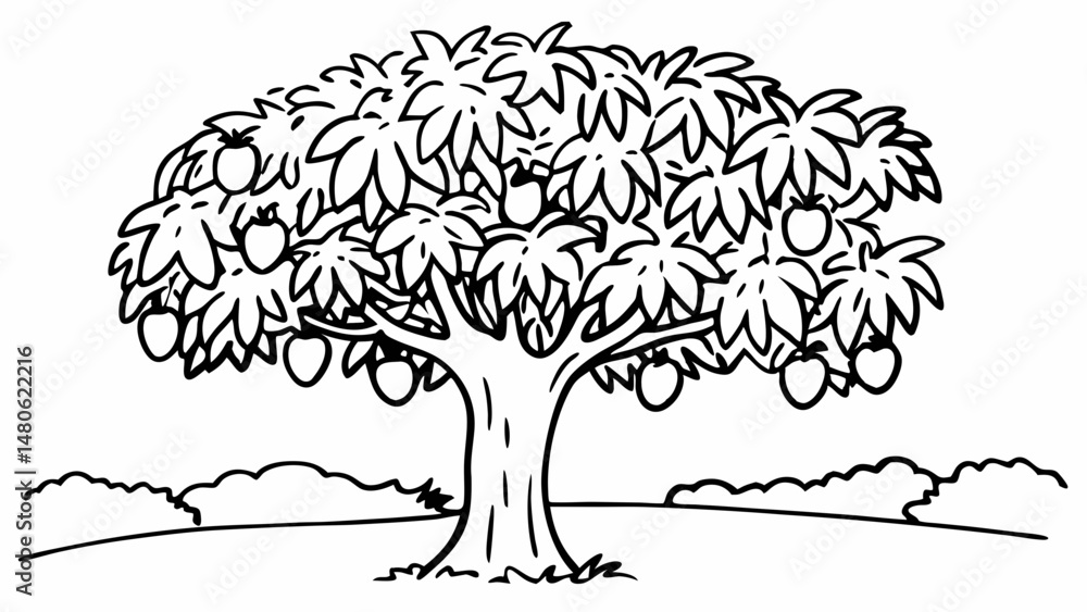 Poster illustration of a tree with fruits and leaves in a field with bushes in a simple black and white sty