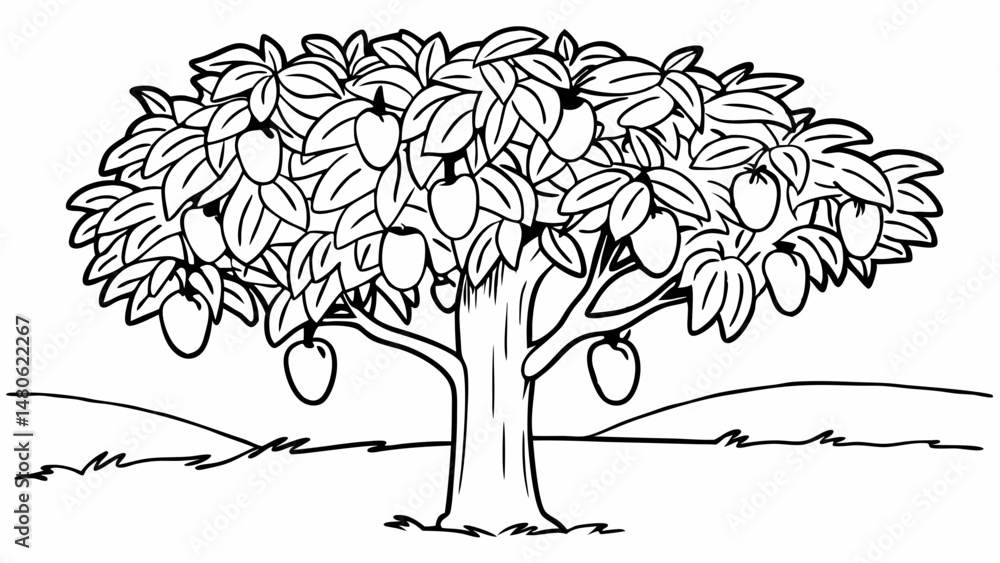Poster illustration of a tree with apples and leaves on a grassy field with hills in the background created